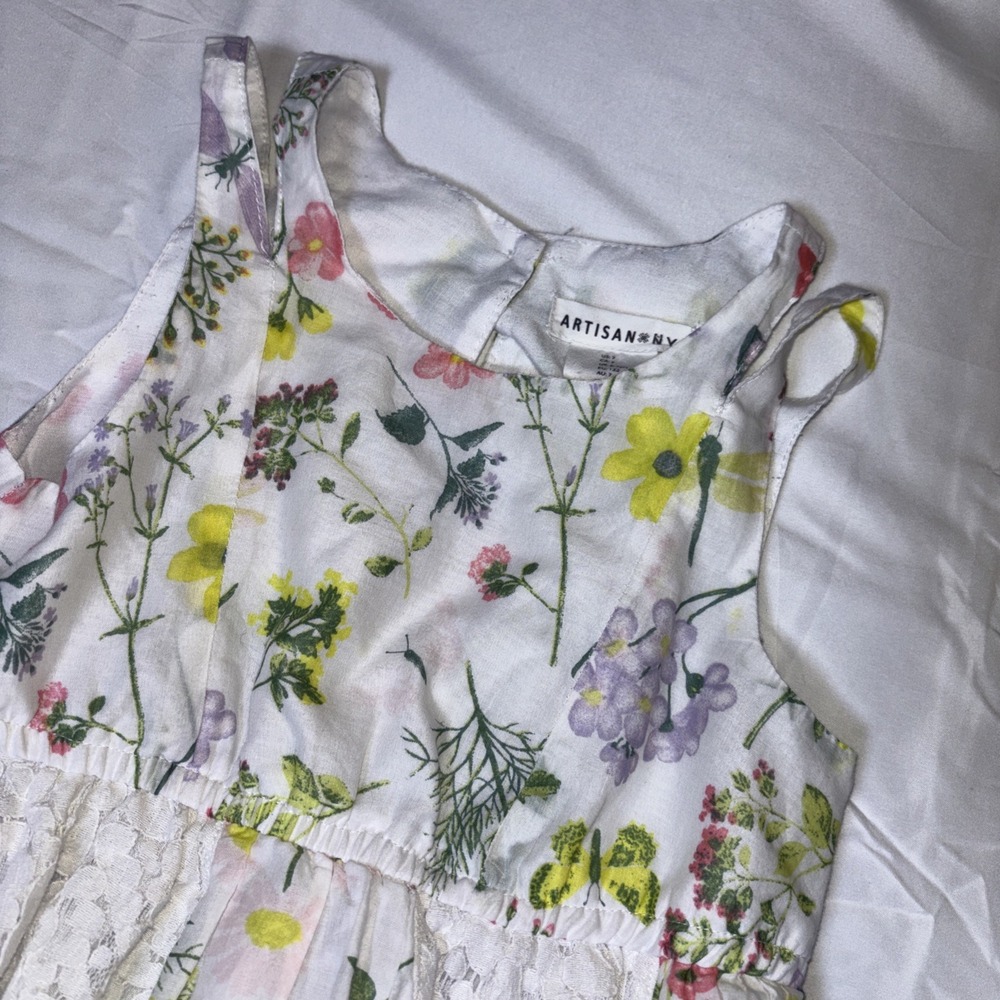 Artisan NY Girl's Cotton Lined Sun Dress White Floral Lace Inlay Size 7